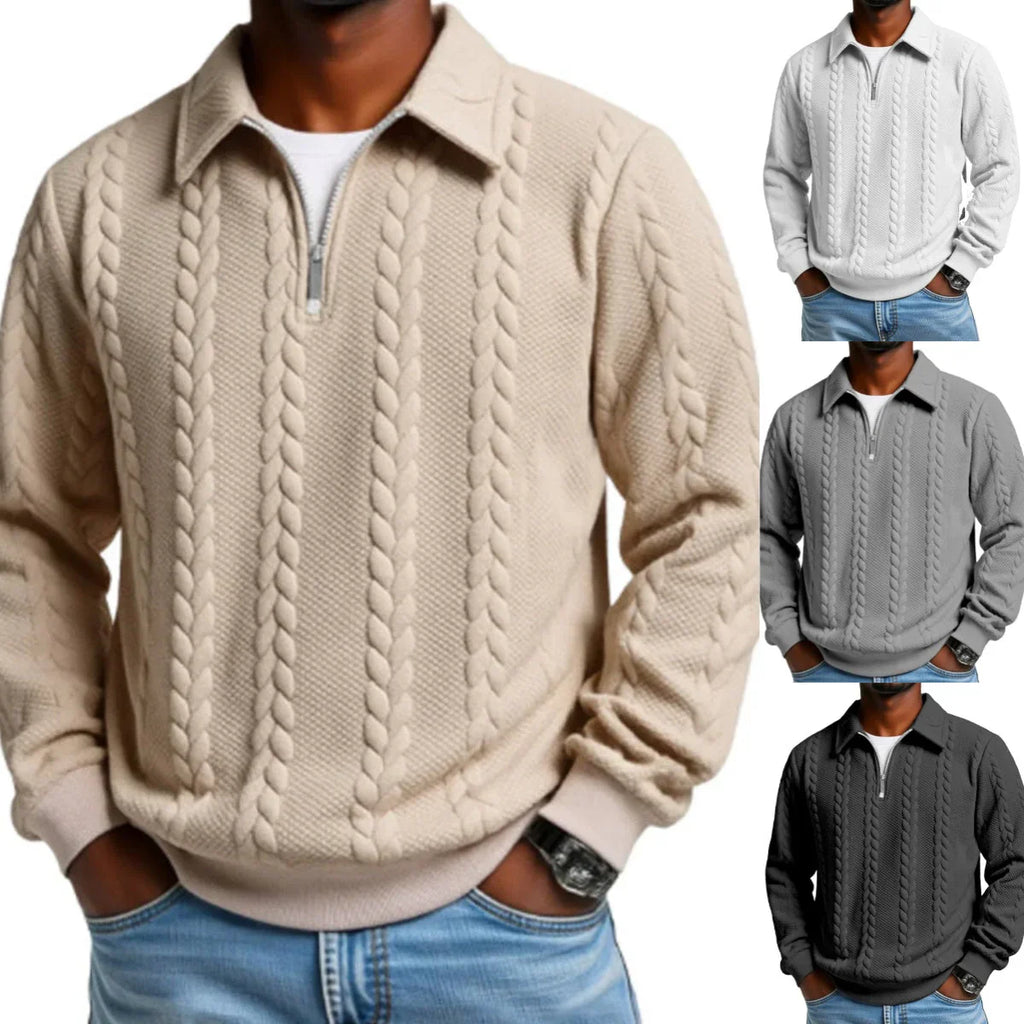 Lässiger Herren-Zopfmuster-Pullover mit halbem Reißverschluss