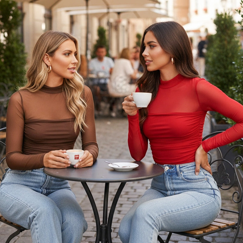 💃 Letzter Tag im Sale -50% RABATT🎉 Damen-Oberteil mit Glitzer, transparentem Mesh, langen Ärmeln und Raffung