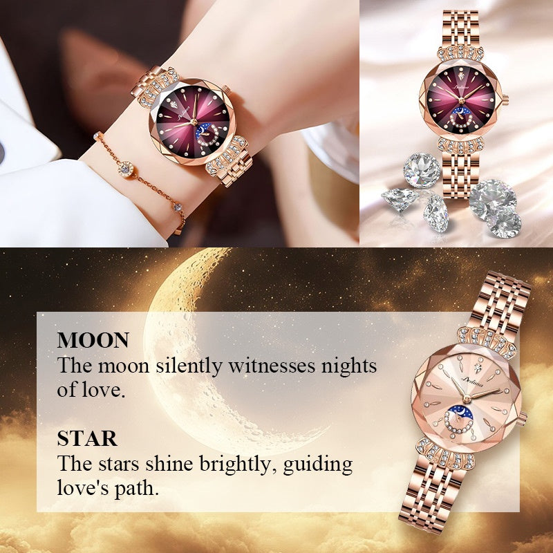⏳BLITZANGEBOT! 50 % RABATT! 🔥Modische Damenuhr mit Diamanten, Mond und Sternen