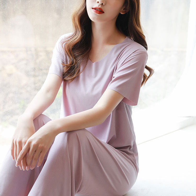 💖Limited Sale 50% OFF💖Soft Comfortable Ice Silk Short Sleeve T-Shirt Two Piece Set Loose Wide-leg Pants