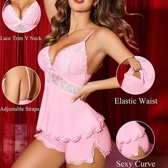 🎉Aktion💕Spitzenbesetztes V-Ausschnitt-Camisole & Shorts Schlafanzug-Set