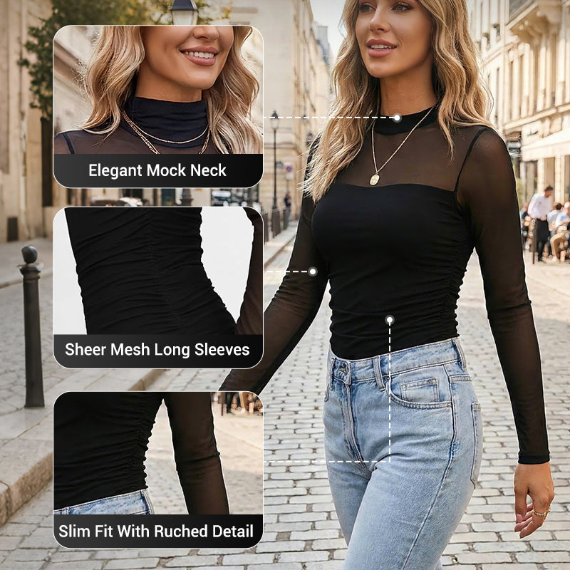 💃 Letzter Tag im Sale -50% RABATT🎉 Damen-Oberteil mit Glitzer, transparentem Mesh, langen Ärmeln und Raffung