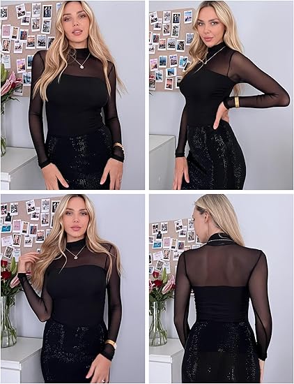 💃 Letzter Tag im Sale -50% RABATT🎉 Damen-Oberteil mit Glitzer, transparentem Mesh, langen Ärmeln und Raffung