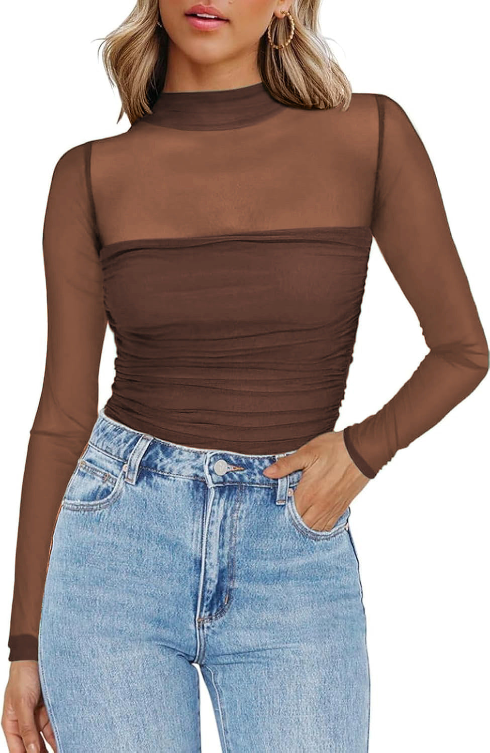 💃 Letzter Tag im Sale -50% RABATT🎉 Damen-Oberteil mit Glitzer, transparentem Mesh, langen Ärmeln und Raffung