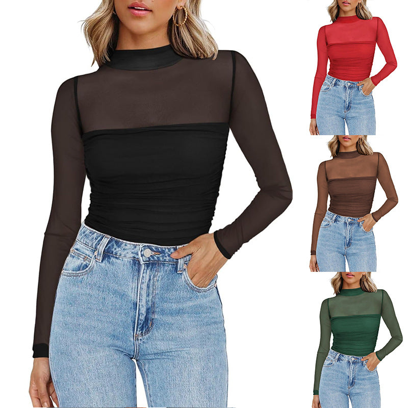 💃 Letzter Tag im Sale -50% RABATT🎉 Damen-Oberteil mit Glitzer, transparentem Mesh, langen Ärmeln und Raffung