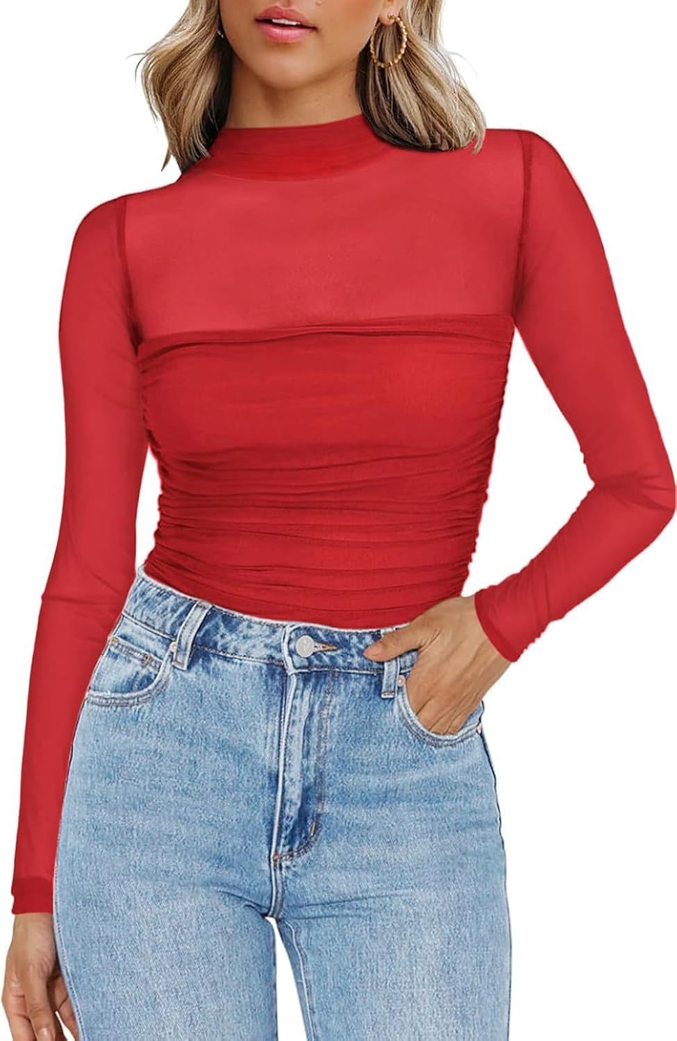 💃 Letzter Tag im Sale -50% RABATT🎉 Damen-Oberteil mit Glitzer, transparentem Mesh, langen Ärmeln und Raffung