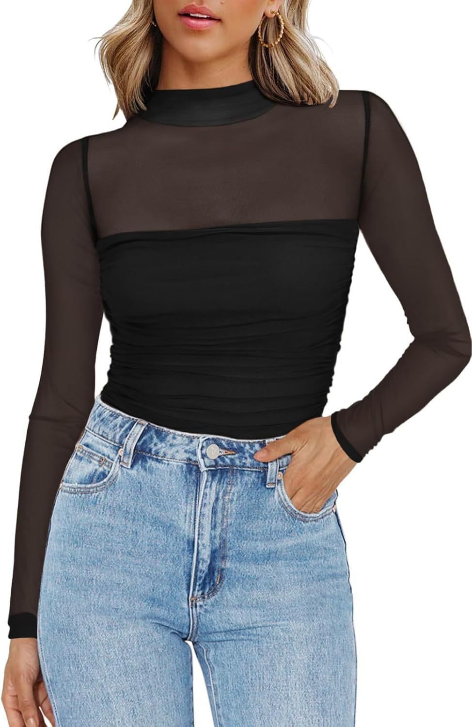 💃 Letzter Tag im Sale -50% RABATT🎉 Damen-Oberteil mit Glitzer, transparentem Mesh, langen Ärmeln und Raffung