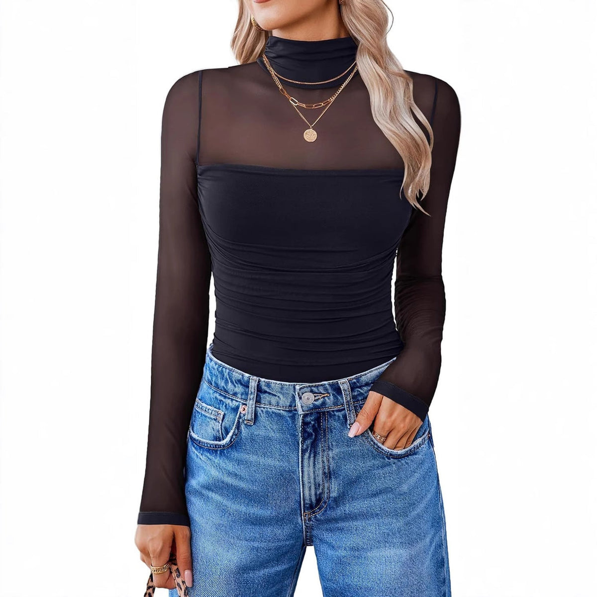 💃 Letzter Tag im Sale -50% RABATT🎉 Damen-Oberteil mit Glitzer, transparentem Mesh, langen Ärmeln und Raffung