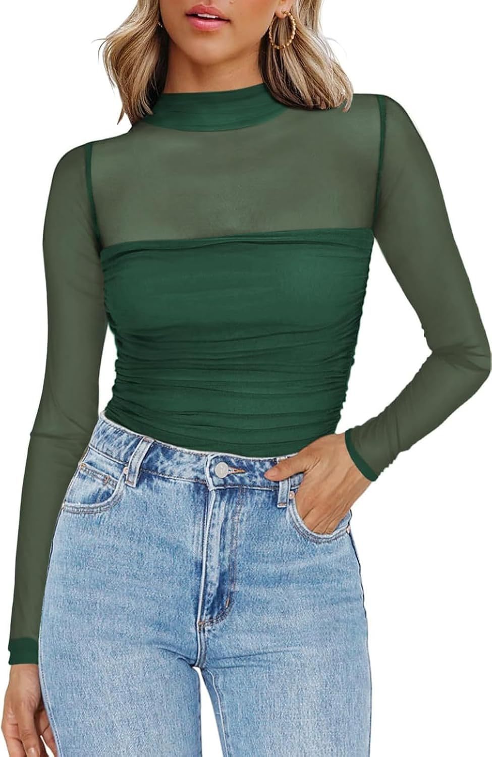 💃 Letzter Tag im Sale -50% RABATT🎉 Damen-Oberteil mit Glitzer, transparentem Mesh, langen Ärmeln und Raffung