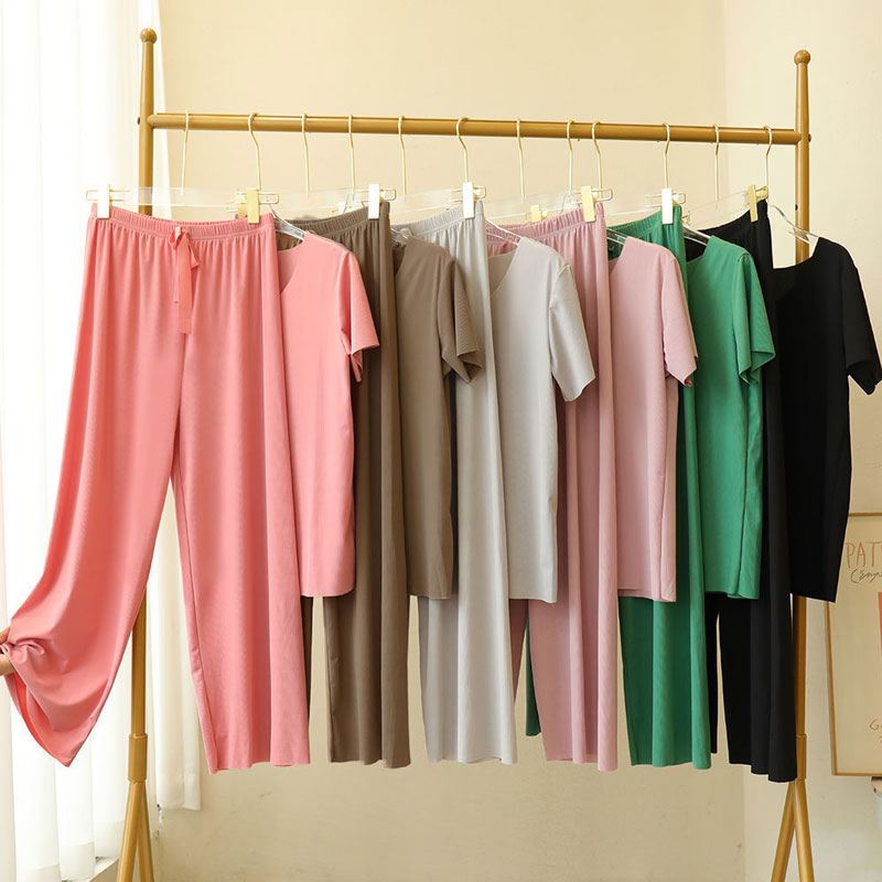 💖Limited Sale 50% OFF💖Soft Comfortable Ice Silk Short Sleeve T-Shirt Two Piece Set Loose Wide-leg Pants