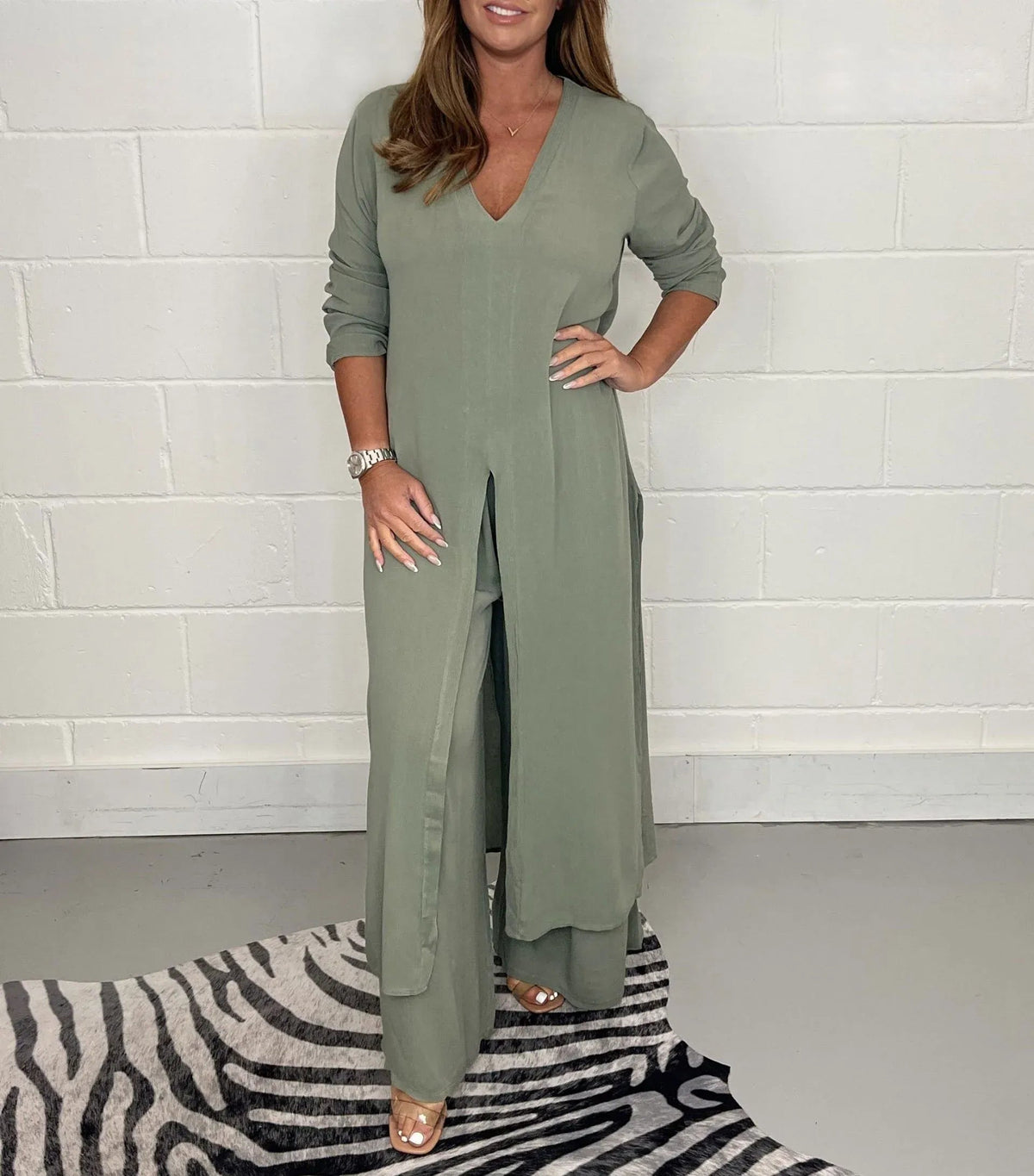 💃Frühlingsangebot ⏳Lässiges zweiteiliges Set aus langem Oberteil und Hose😍