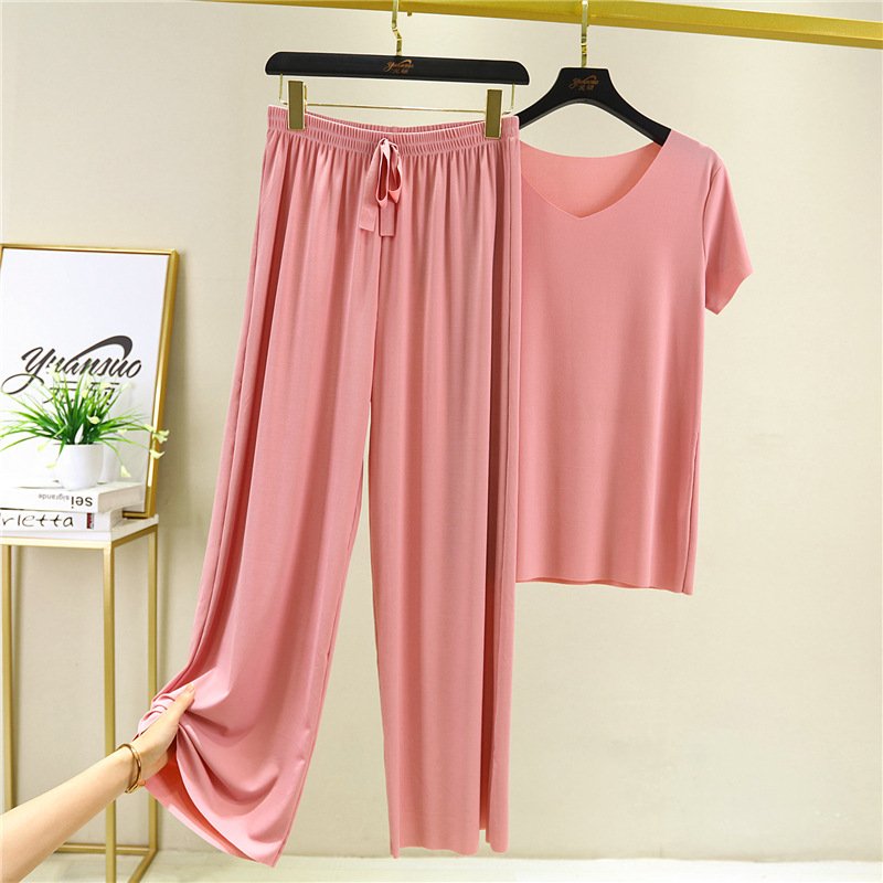 💖Limited Sale 50% OFF💖Soft Comfortable Ice Silk Short Sleeve T-Shirt Two Piece Set Loose Wide-leg Pants