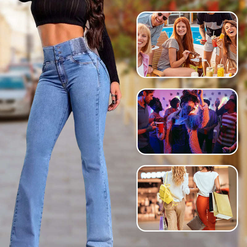 👖 JETZT 60% RABATT! 💃 Damen Stretch-Schlagjeans – High Waist, figurbetonte Passform & Retro-Style ✨