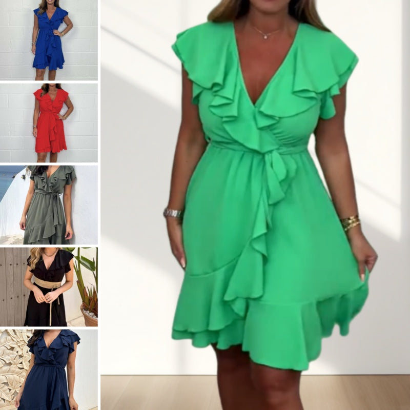💖LETZTER TAG: 50 % RABATT💖Elegantes Damenkleid mit Bindegürtel, V-Ausschnitt und Rüschen