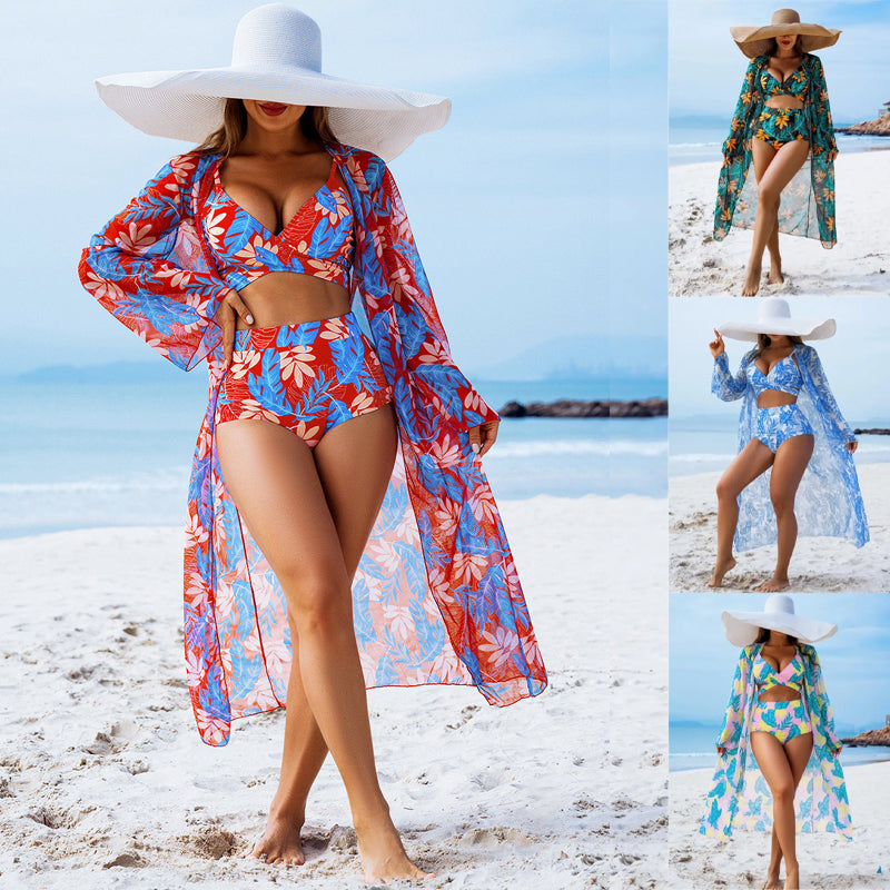 Dreiteiliger sexy Damen-Badeanzug mit Blumenmuster