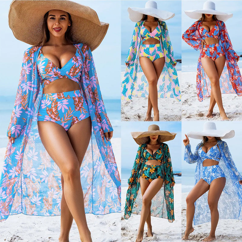 Dreiteiliger sexy Damen-Badeanzug mit Blumenmuster
