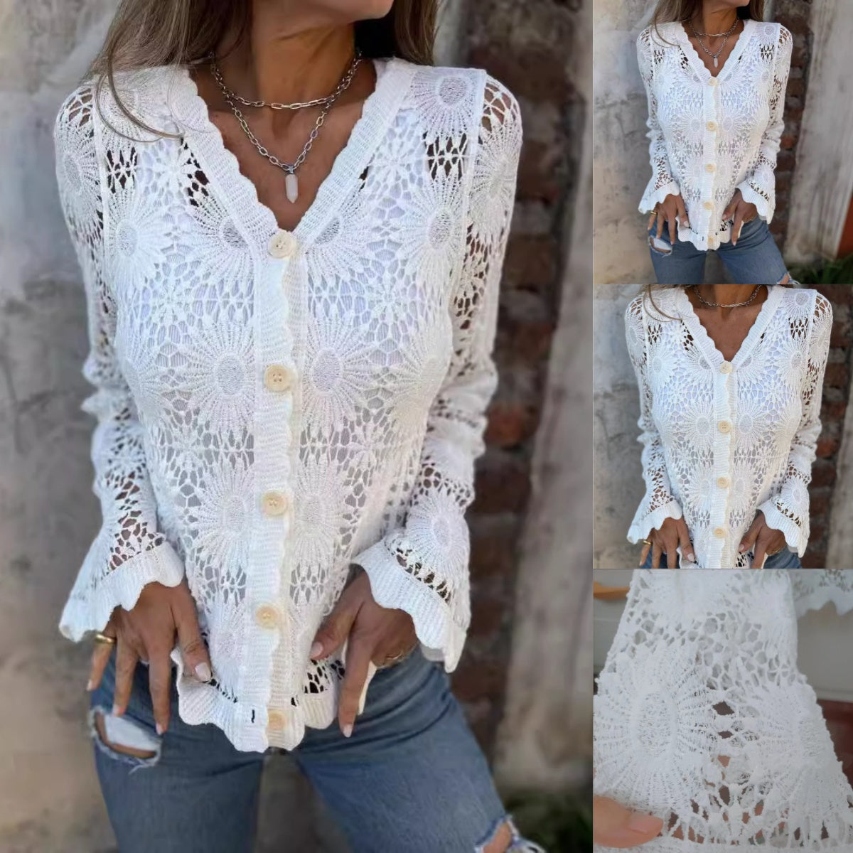 🌸Sommer-Sale: 50 % Rabatt🌸Damenoberteil aus Spitze mit V-Ausschnitt und langen Ärmeln