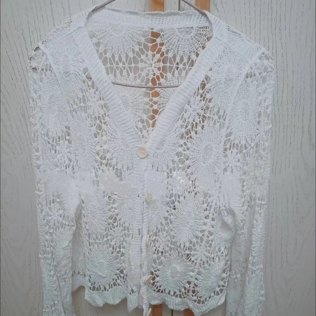 🌸Sommer-Sale: 50 % Rabatt🌸Damenoberteil aus Spitze mit V-Ausschnitt und langen Ärmeln