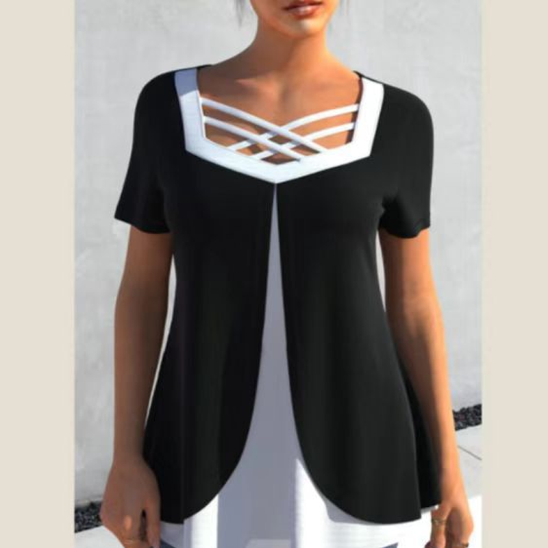 🌞Sommerschlussverkauf 50 % RABATT🔥Stylisches Kurzarm-Top mit V-Ausschnitt und Cut-out