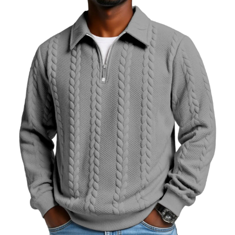 Lässiger Herren-Zopfmuster-Pullover mit halbem Reißverschluss