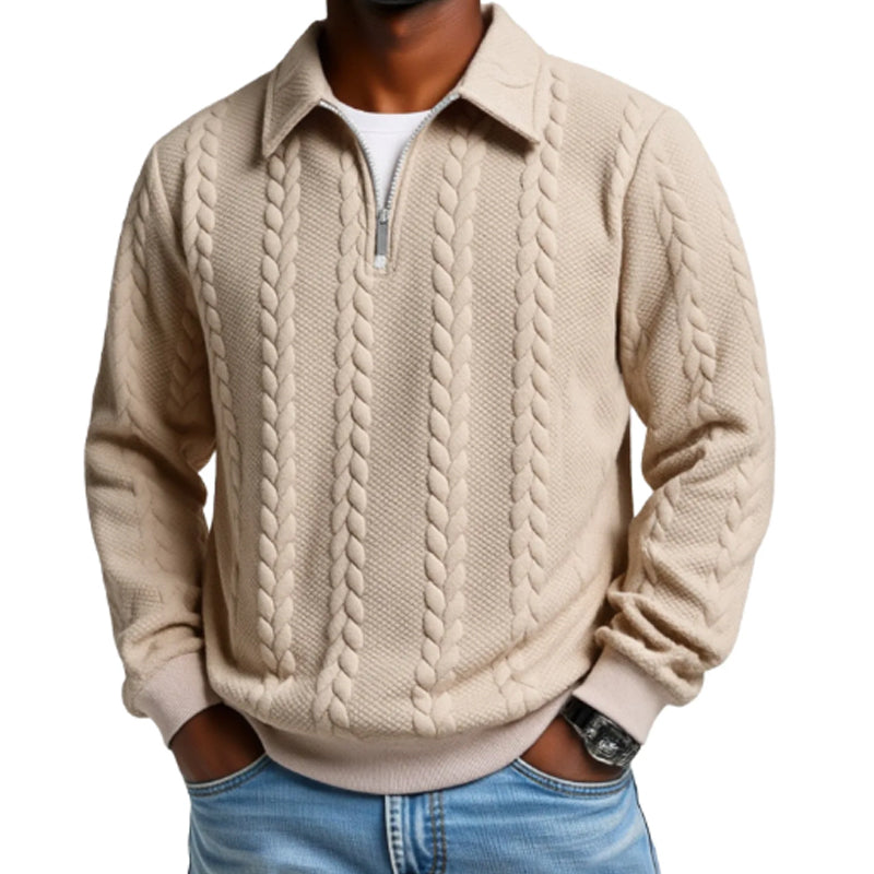 Lässiger Herren-Zopfmuster-Pullover mit halbem Reißverschluss