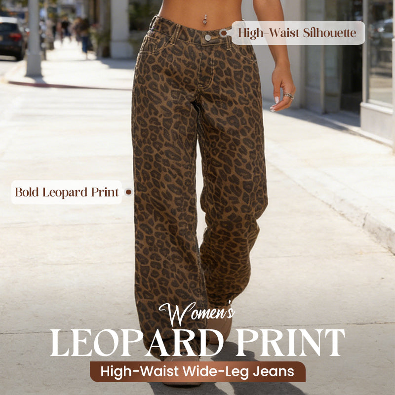 Damenjeans mit Leopardenmuster, hoher Taille und weitem Bein