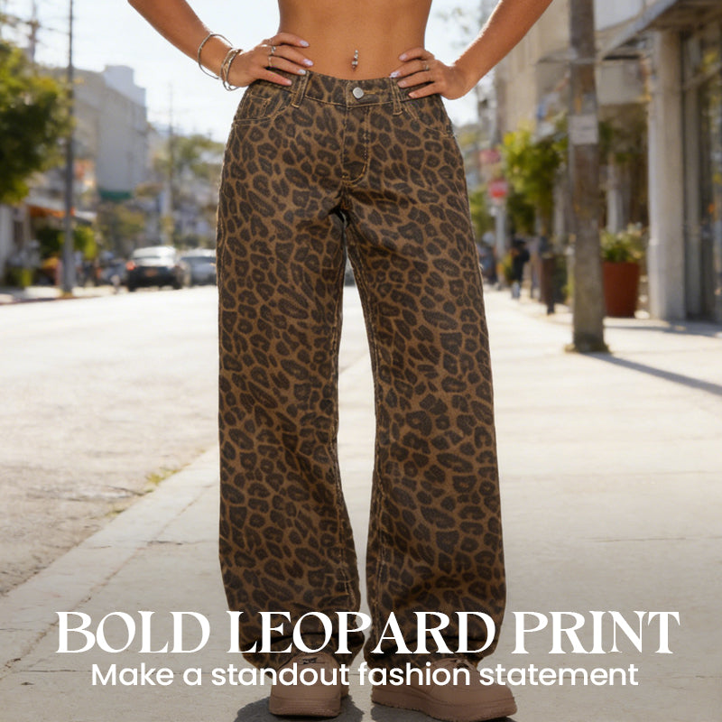 Damenjeans mit Leopardenmuster, hoher Taille und weitem Bein