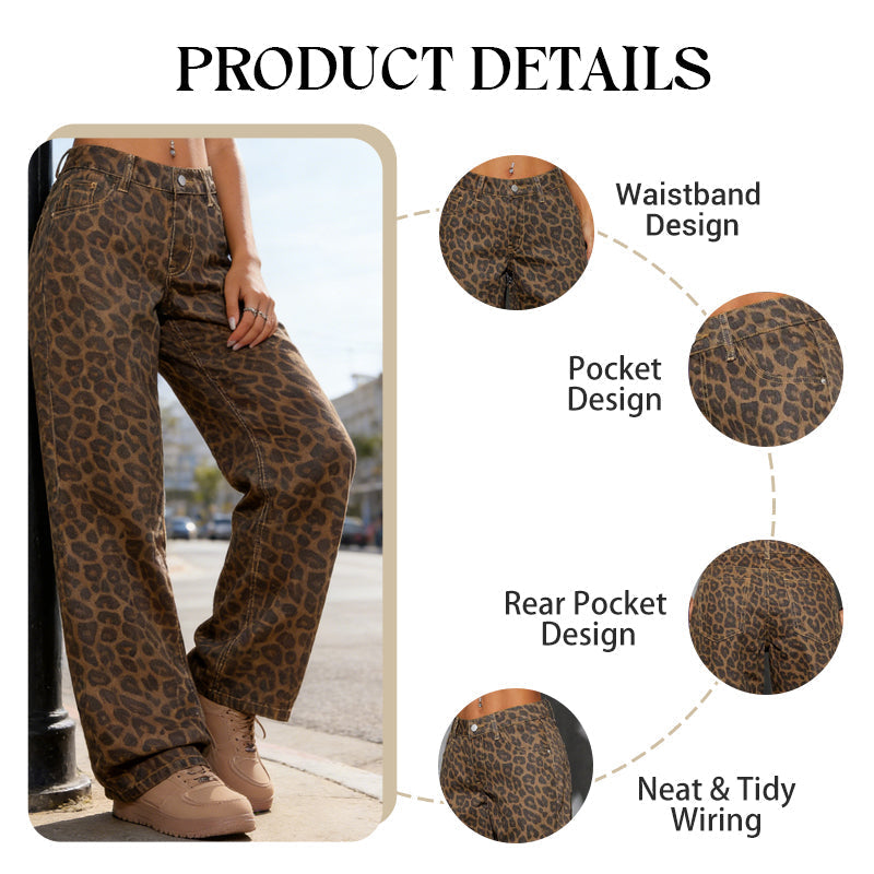 Damenjeans mit Leopardenmuster, hoher Taille und weitem Bein