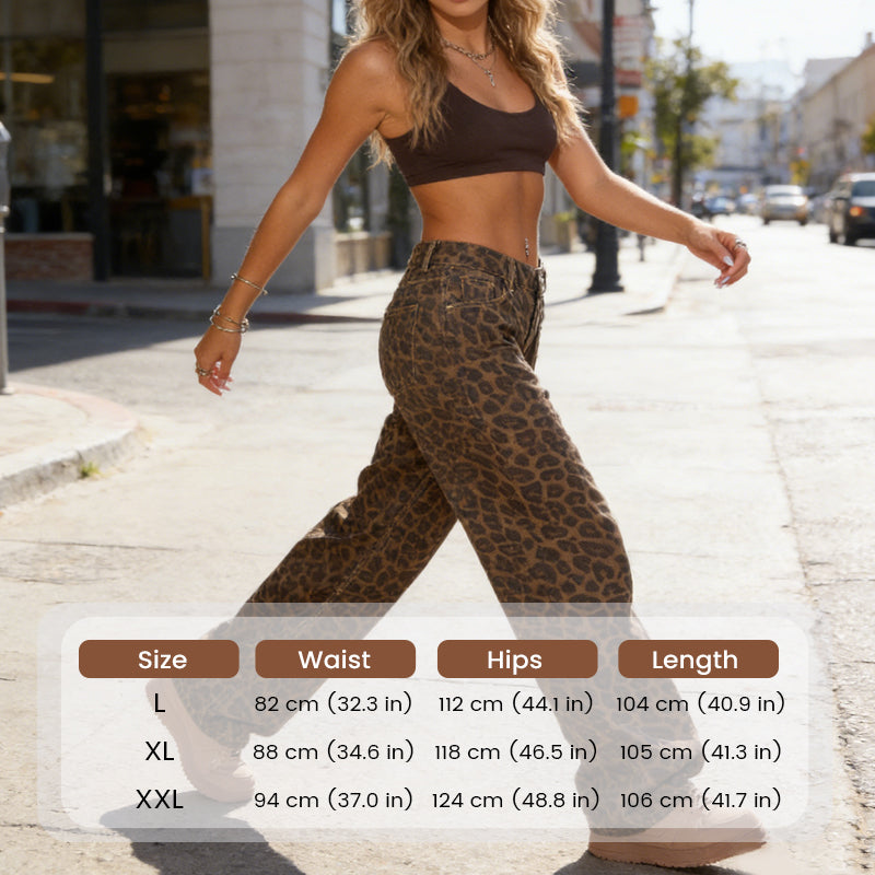 Damenjeans mit Leopardenmuster, hoher Taille und weitem Bein