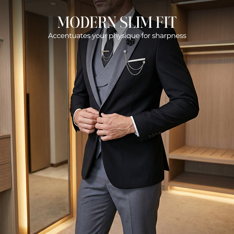 💎 50% RABATT! 💎 Moderner Hochzeitsanzug in Kontrastfarben – 3-teiliges Slim-Fit-Set in markantem Schwarz & Hellblau (8 Farben!) 👔✨