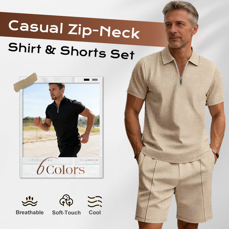 Sommerliches Freizeit-Set mit Zip-Neck-Shirt und Shorts