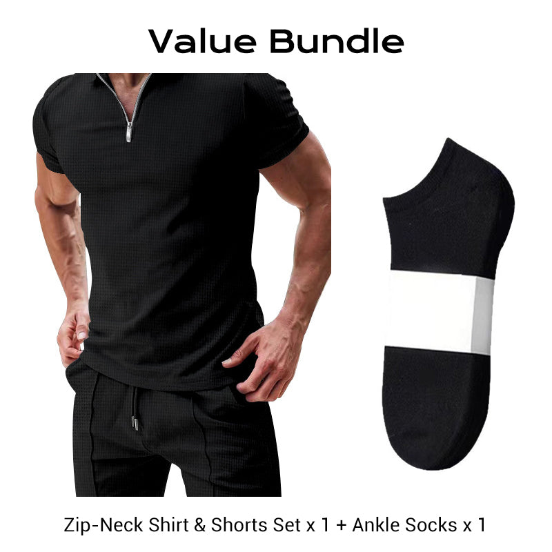 Sommerliches Freizeit-Set mit Zip-Neck-Shirt und Shorts