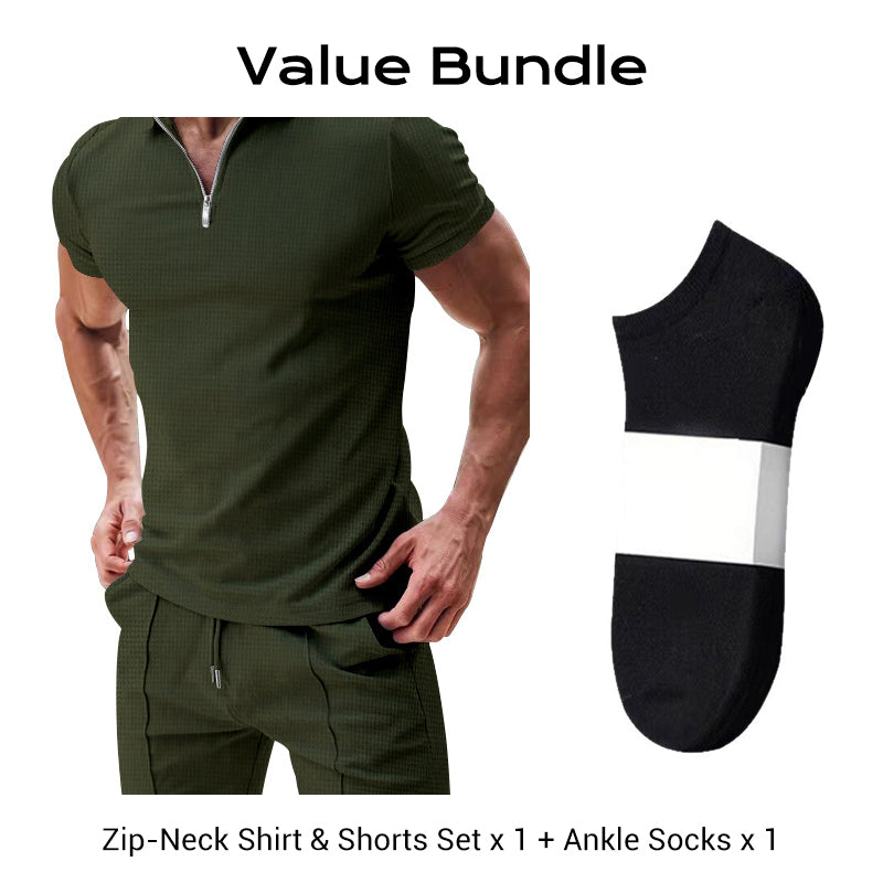 Sommerliches Freizeit-Set mit Zip-Neck-Shirt und Shorts