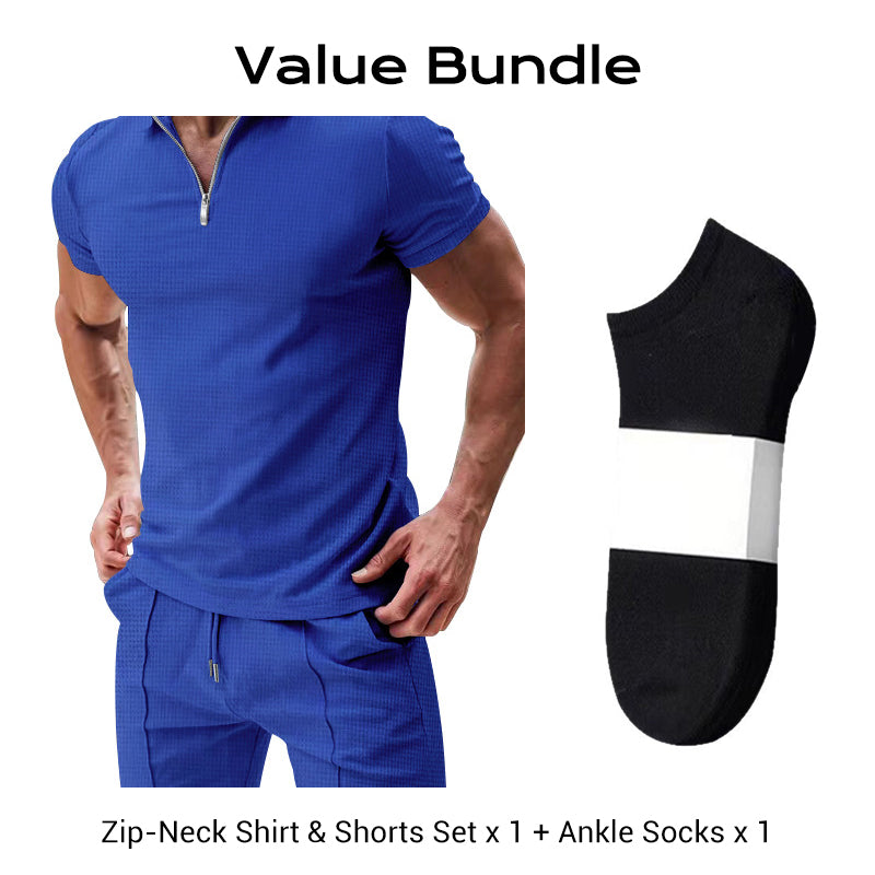 Sommerliches Freizeit-Set mit Zip-Neck-Shirt und Shorts