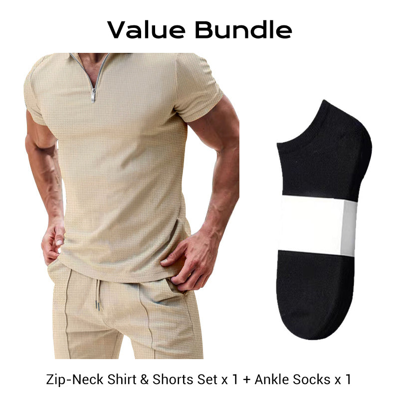Sommerliches Freizeit-Set mit Zip-Neck-Shirt und Shorts