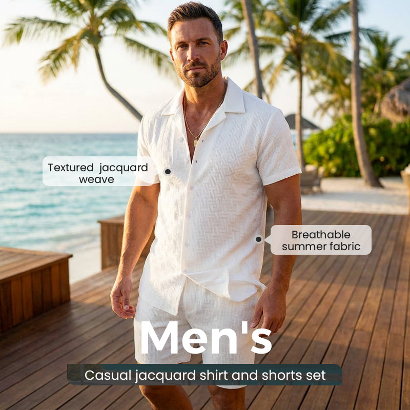 🥳2026 HOT SALE🥳💞Über 50.000 verkauft!💥👴 🍻50% RABATT! Herren Jacquard-Hemd & Shorts Set – Komfortable Passform für warme Tage! Atmungsaktiver Stoff, kein Bügeln erforderlich. Perfekt für den Garten oder den Strand. ☀️🌿