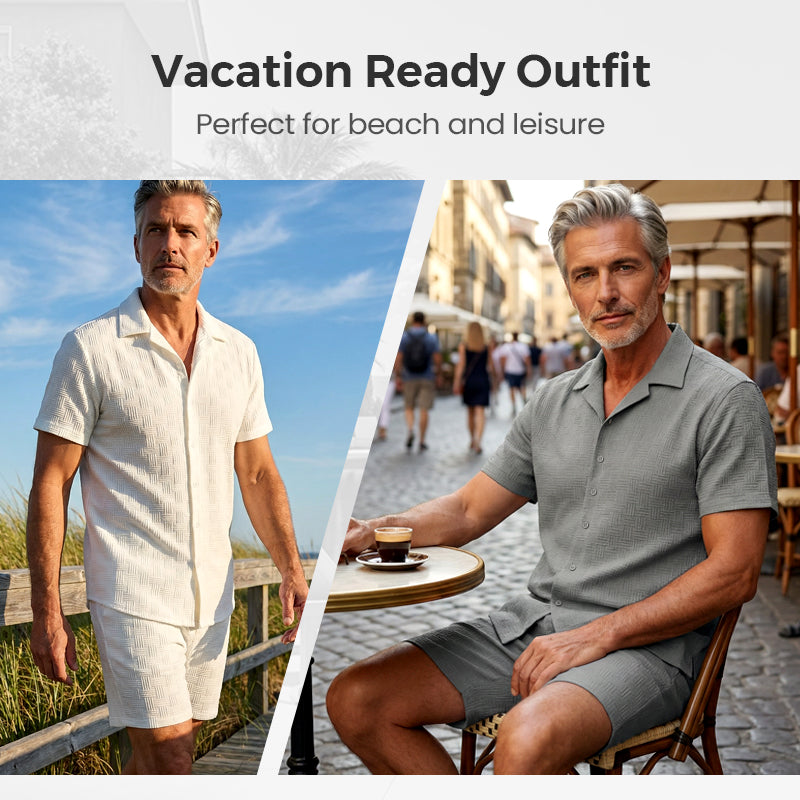 🥳2026 HOT SALE🥳💞Über 50.000 verkauft!💥👴 🍻50% RABATT! Herren Jacquard-Hemd & Shorts Set – Komfortable Passform für warme Tage! Atmungsaktiver Stoff, kein Bügeln erforderlich. Perfekt für den Garten oder den Strand. ☀️🌿