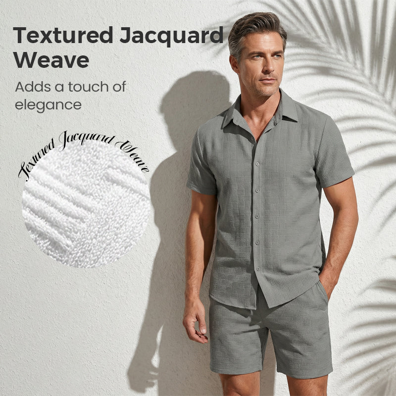 🥳2026 HOT SALE🥳💞Über 50.000 verkauft!💥👴 🍻50% RABATT! Herren Jacquard-Hemd & Shorts Set – Komfortable Passform für warme Tage! Atmungsaktiver Stoff, kein Bügeln erforderlich. Perfekt für den Garten oder den Strand. ☀️🌿