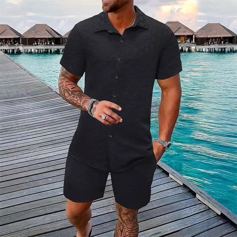 🥳2026 HOT SALE🥳💞Über 50.000 verkauft!💥👴 🍻50% RABATT! Herren Jacquard-Hemd & Shorts Set – Komfortable Passform für warme Tage! Atmungsaktiver Stoff, kein Bügeln erforderlich. Perfekt für den Garten oder den Strand. ☀️🌿