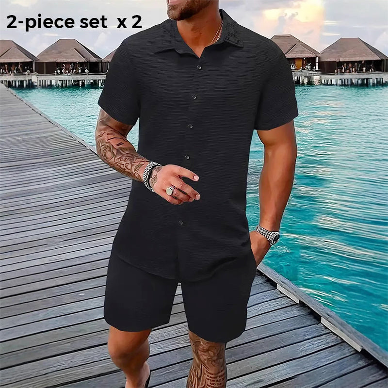 🥳2026 HOT SALE🥳💞Über 50.000 verkauft!💥👴 🍻50% RABATT! Herren Jacquard-Hemd & Shorts Set – Komfortable Passform für warme Tage! Atmungsaktiver Stoff, kein Bügeln erforderlich. Perfekt für den Garten oder den Strand. ☀️🌿