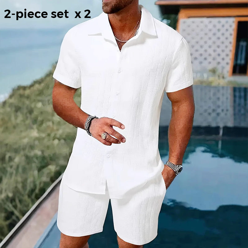 🥳2026 HOT SALE🥳💞Über 50.000 verkauft!💥👴 🍻50% RABATT! Herren Jacquard-Hemd & Shorts Set – Komfortable Passform für warme Tage! Atmungsaktiver Stoff, kein Bügeln erforderlich. Perfekt für den Garten oder den Strand. ☀️🌿