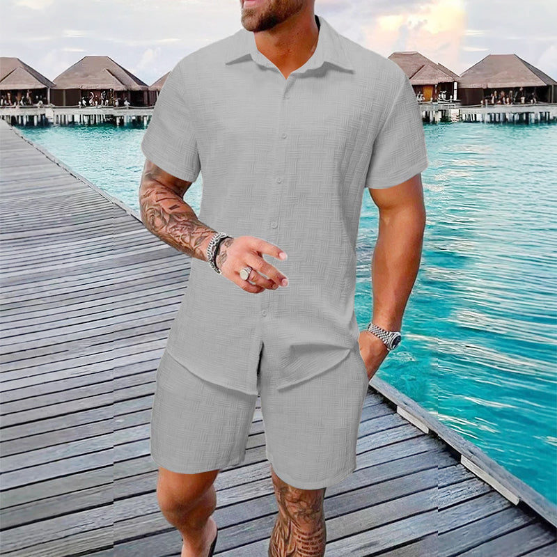🥳2026 HOT SALE🥳💞Über 50.000 verkauft!💥👴 🍻50% RABATT! Herren Jacquard-Hemd & Shorts Set – Komfortable Passform für warme Tage! Atmungsaktiver Stoff, kein Bügeln erforderlich. Perfekt für den Garten oder den Strand. ☀️🌿