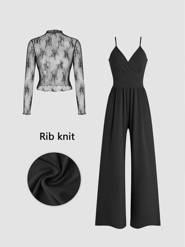 Zweiteiliges Set für Damen: Spitzenoberteil und Jumpsuit mit Taschen