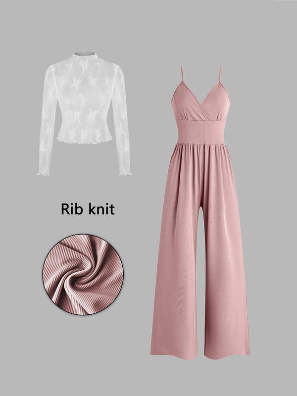 Zweiteiliges Set für Damen: Spitzenoberteil und Jumpsuit mit Taschen