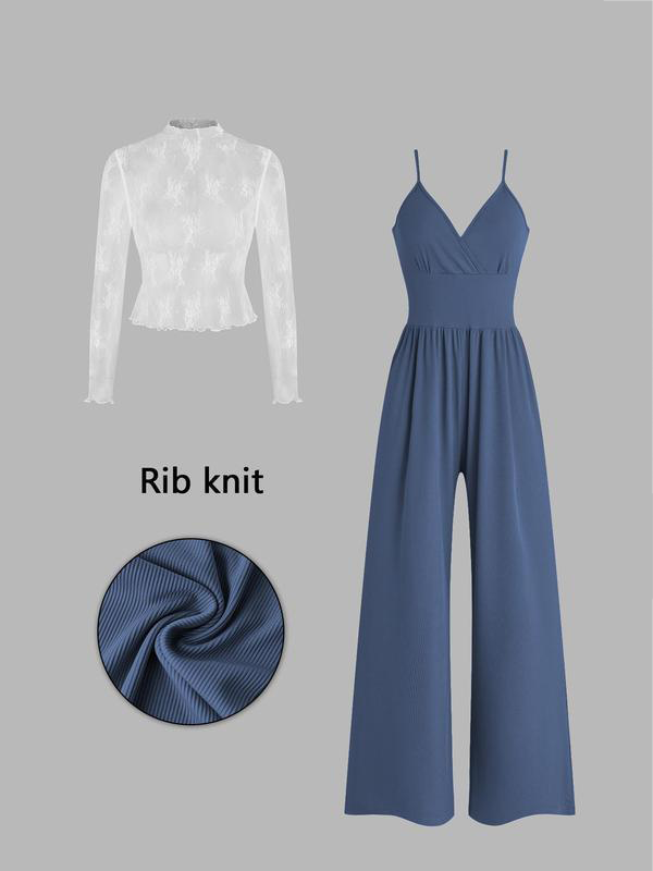 Zweiteiliges Set für Damen: Spitzenoberteil und Jumpsuit mit Taschen