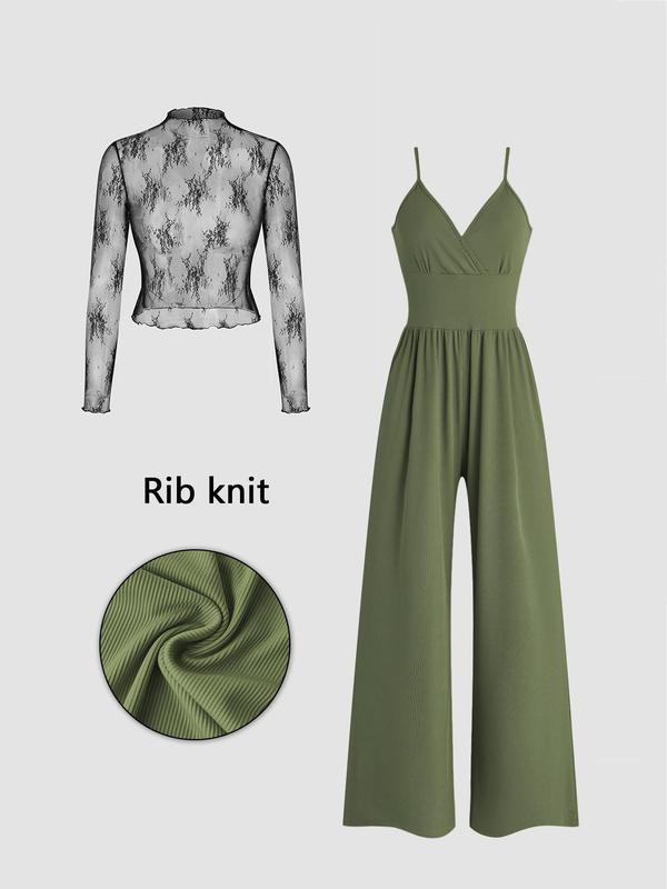 Zweiteiliges Set für Damen: Spitzenoberteil und Jumpsuit mit Taschen