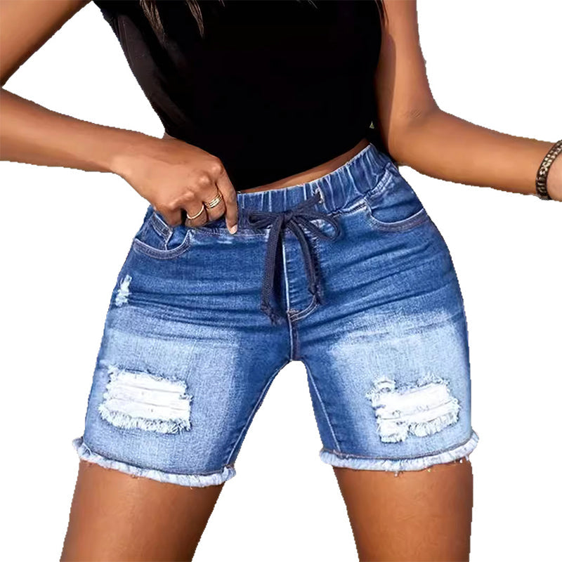 Damen-Jeansshorts mit elastischem Kordelzugbund und Rissen