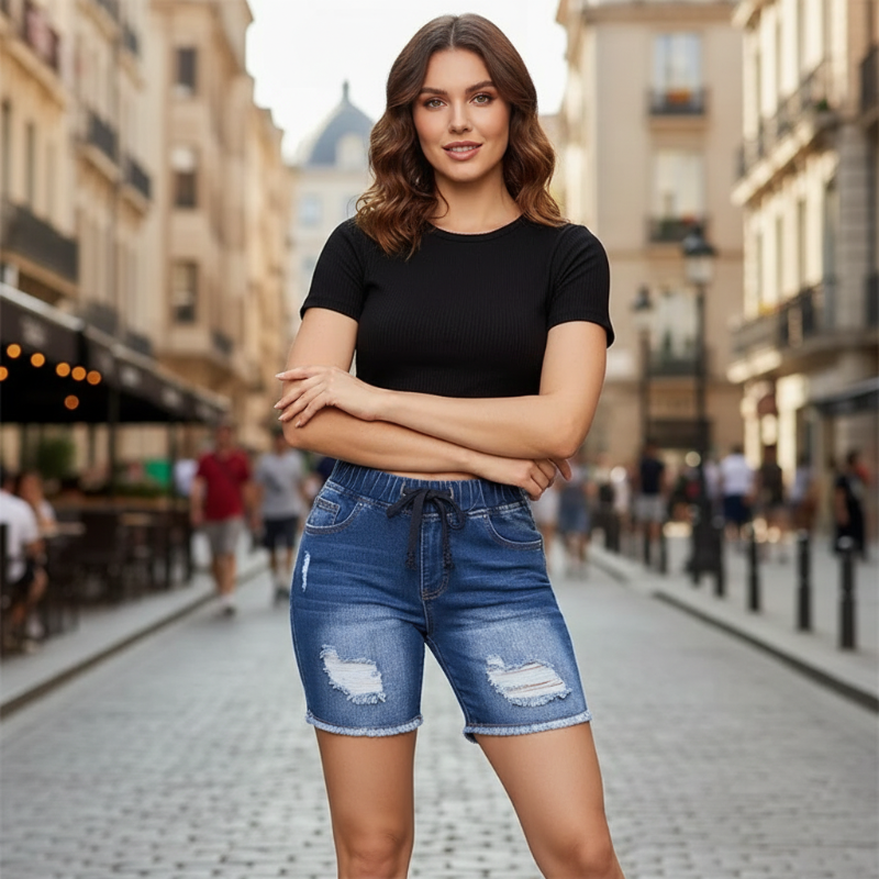 Damen-Jeansshorts mit elastischem Kordelzugbund und Rissen
