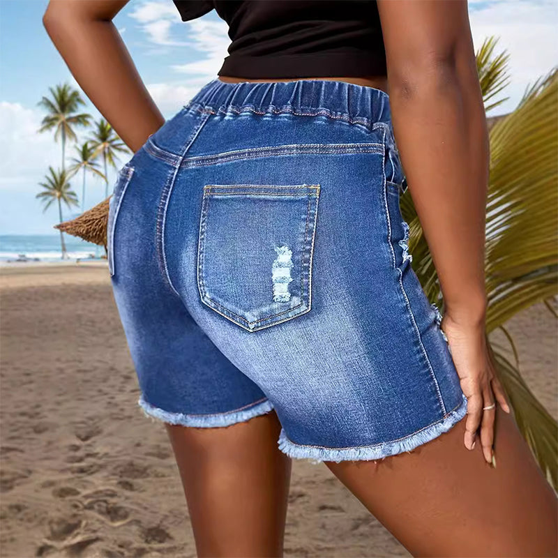 Damen-Jeansshorts mit elastischem Kordelzugbund und Rissen