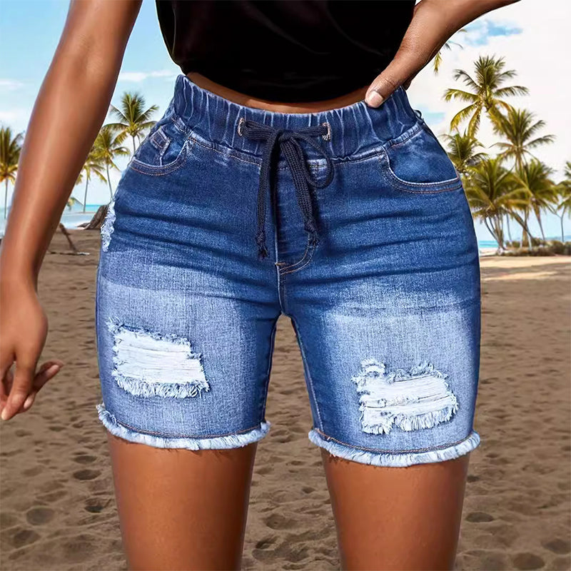 Damen-Jeansshorts mit elastischem Kordelzugbund und Rissen